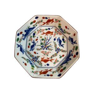 Vintage Octagonal Koi Fish Floral Porcelain Dish Hand Painted Blue Orange Japan